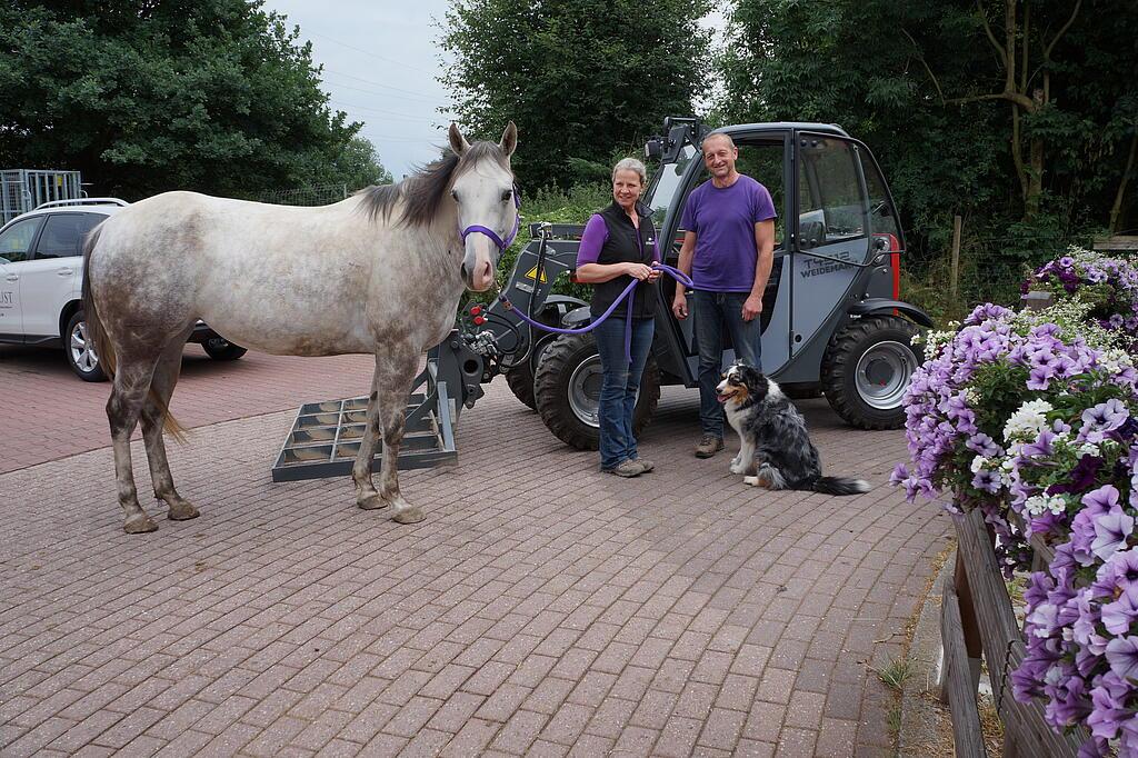 Gruppenbild, Personen, Maschine und Pferd