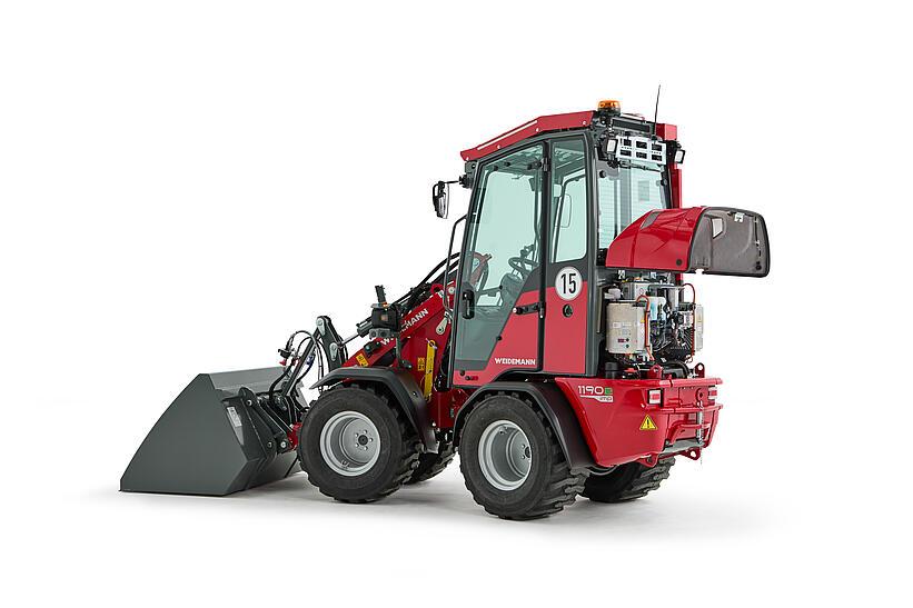 Weidemann Hoftrac 1190e imp im Studio mit Leichtgutschaufel und Motorhaube offen