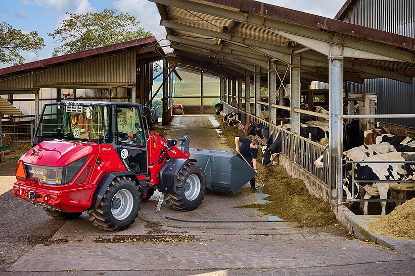 Weidemann Radlader 3060 mit Leichtgutschaufel auf einem landwirtschaftlichen Betrieb im Einsatz