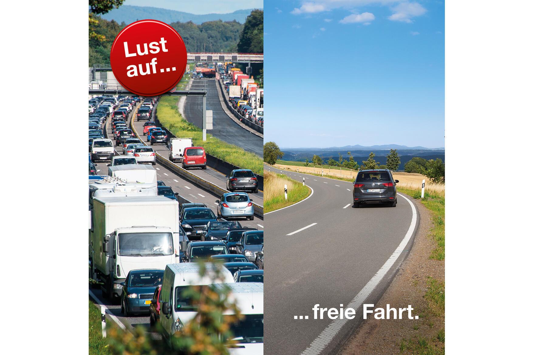 Bild unterteilt in zwei Hälften. Links: Blick auf eine überfüllte Autobahn. Rechts: Blick auf eine leere Landstraße