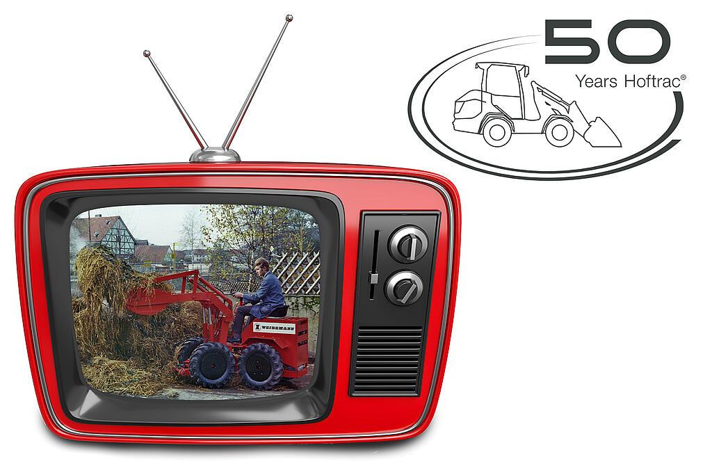 Roter TV mit Weidemann Hoftrac Perfekt 130 im Einsatz und 50 Jahre Hoftrac Logo